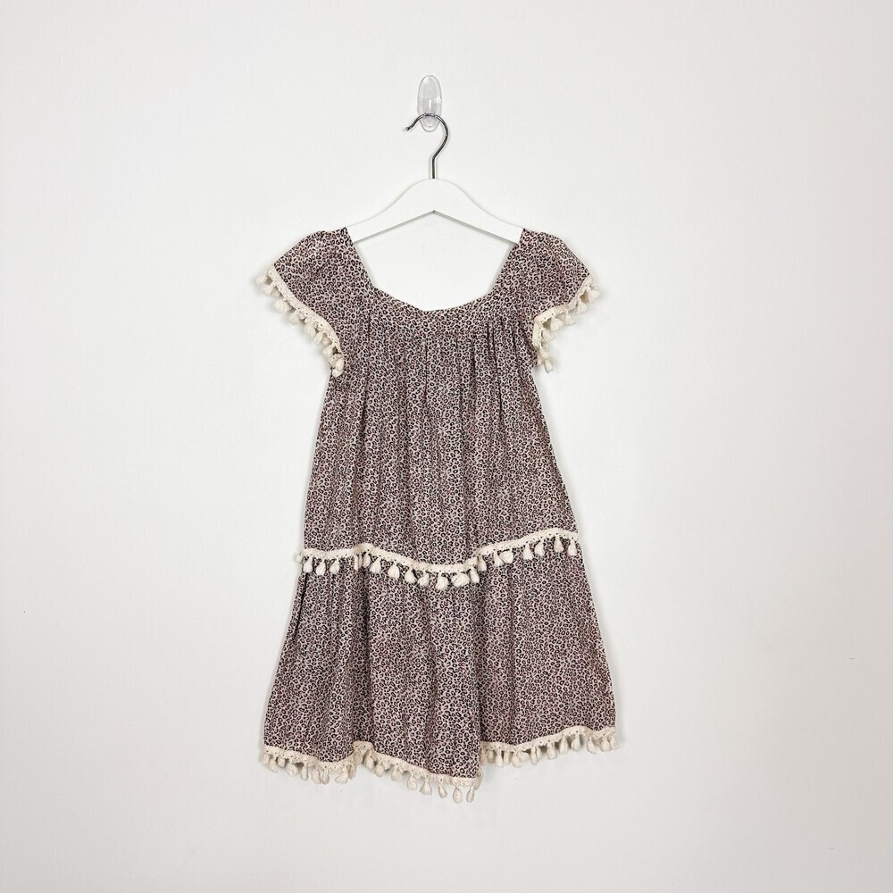 eberjey Girls Dress Swim Coverup Brown Animal Print Fringe Sz 6-8 100% Cotton